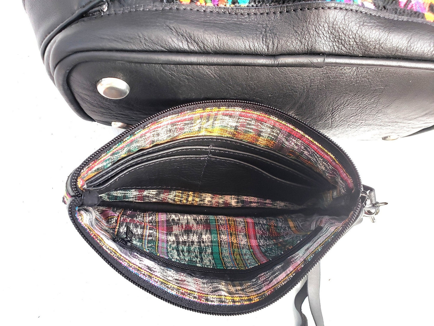 Matching set Convertible backpack crossbody day bag diaper wristlet purse strap genuine soft black leather huipil detail