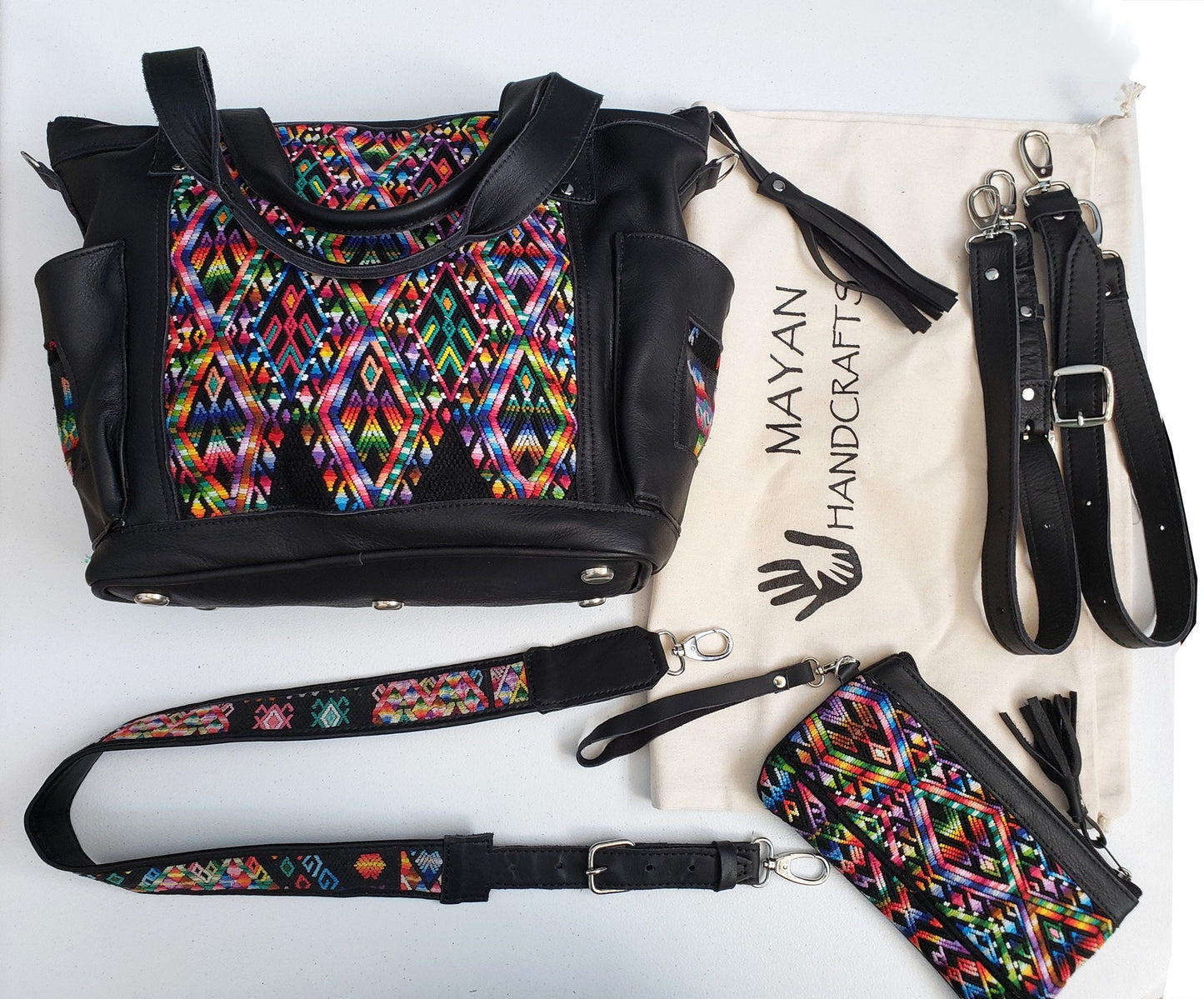 Matching set Convertible backpack crossbody day bag diaper wristlet purse strap genuine soft black leather huipil detail