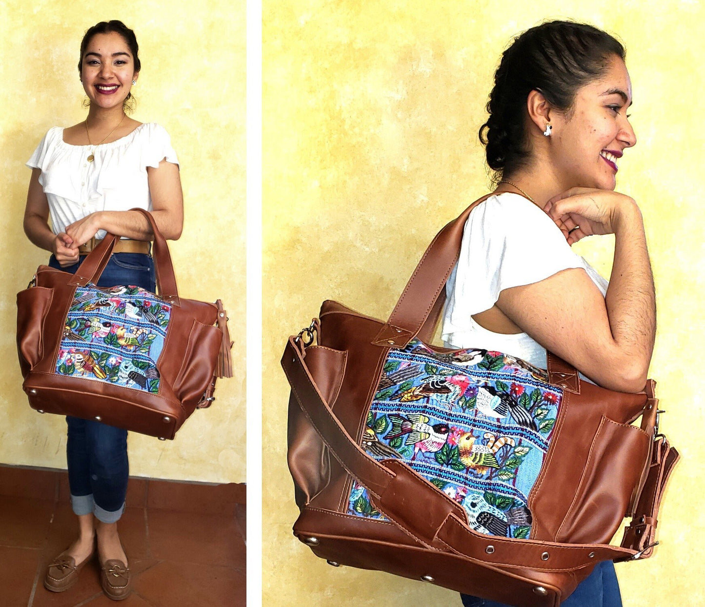 Custom Huipil Pattern Caramel Brown Genuine LEATHER CONVERTIBLE BACKPACK Bag - Aesthetic Full Grain Leather Handles cross body And Handbags