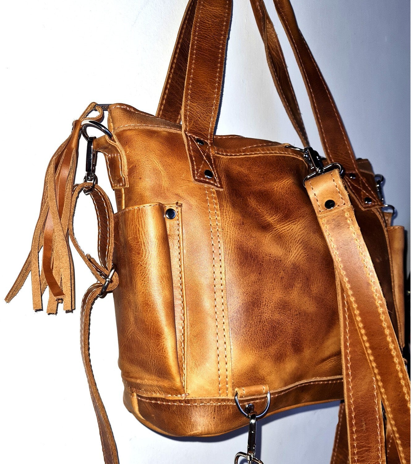 Tan Genuine LEATHER CONVERTIBLE BACKPACK Bag - Aesthetic Full Grain Leather Handles cross body And Handbags