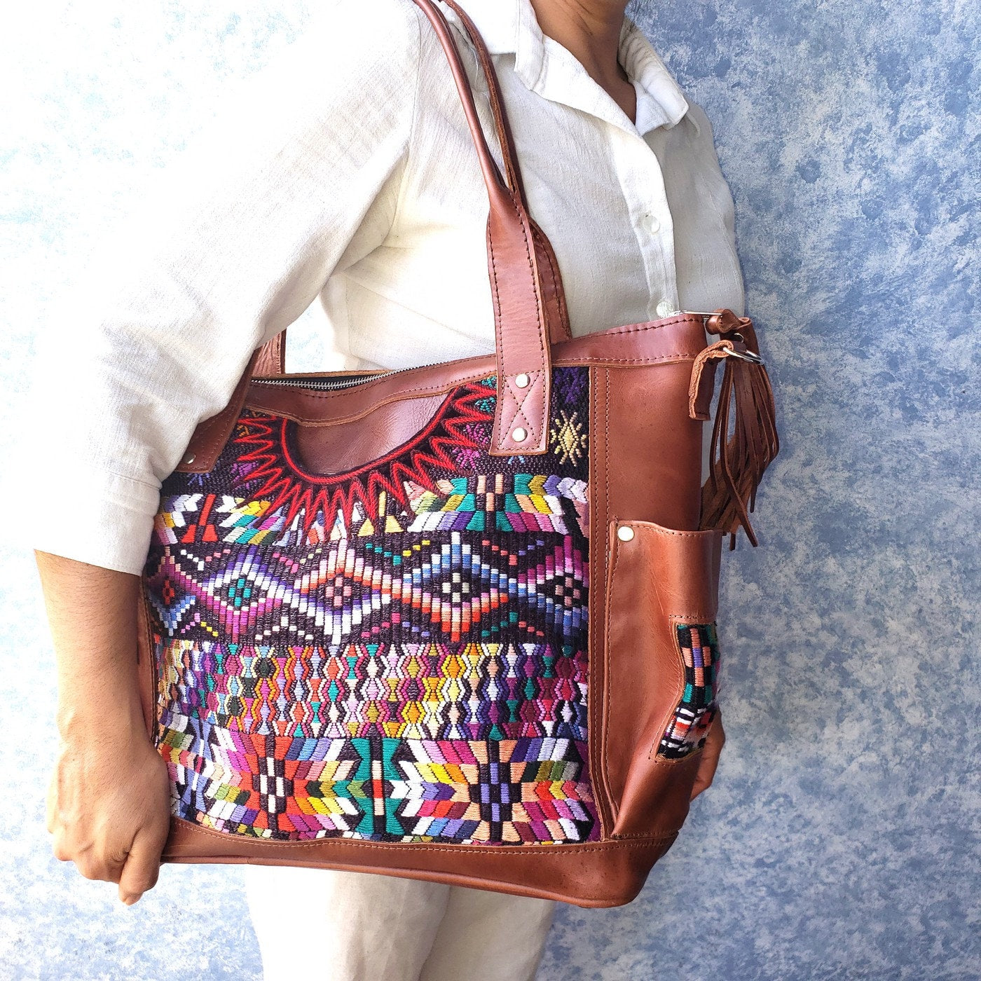 Custom Huipil Pattern Tan Genuine LEATHER CONVERTIBLE BACKPACK Bag - Aesthetic Full Grain Leather Handles cross body And Handbags