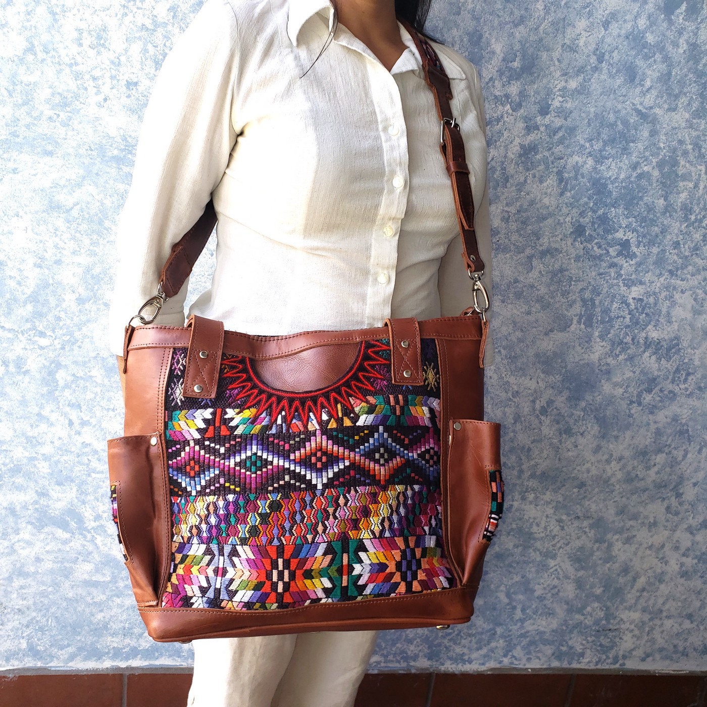 Custom Huipil Pattern Tan Genuine LEATHER CONVERTIBLE BACKPACK Bag - Aesthetic Full Grain Leather Handles cross body And Handbags