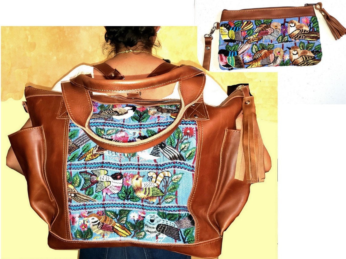 Custom Huipil Pattern Caramel Brown Genuine LEATHER CONVERTIBLE BACKPACK Bag - Aesthetic Full Grain Leather Handles cross body And Handbags