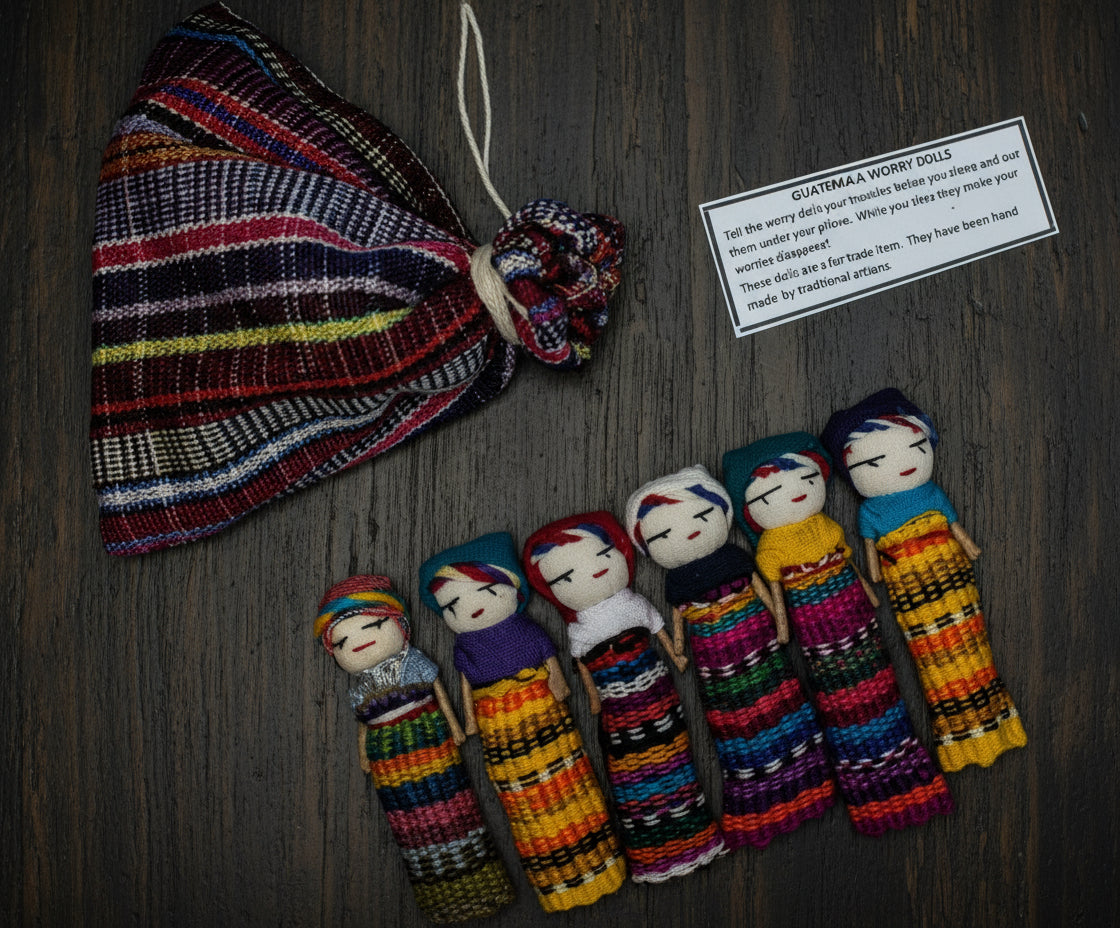 Guatemalan Artisans Two Inches 6 WORRY DOLLS in a POUCH Available In Multiple Options - Woven Fabric Clothing Traditional Dolls - Mayan Fair Trade