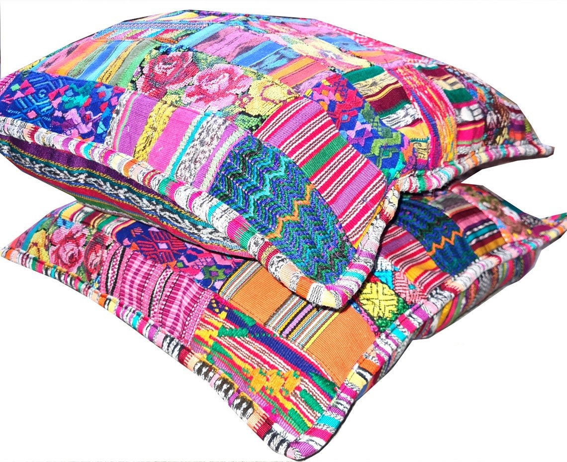 Guatemalan cotton handmade -Patchwork style- huipil pillow case cushion cover -18x18- 20x20 customizable sizes
