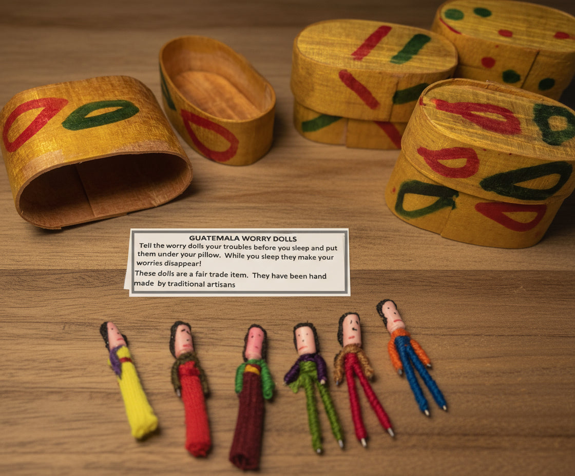 Guatemalan Artisans One Inch 6 WORRY DOLLS in a WOODEN box Available In Multiple Options - Woven Fabric Clothing Traditional Dolls - Mayan Fair Trade