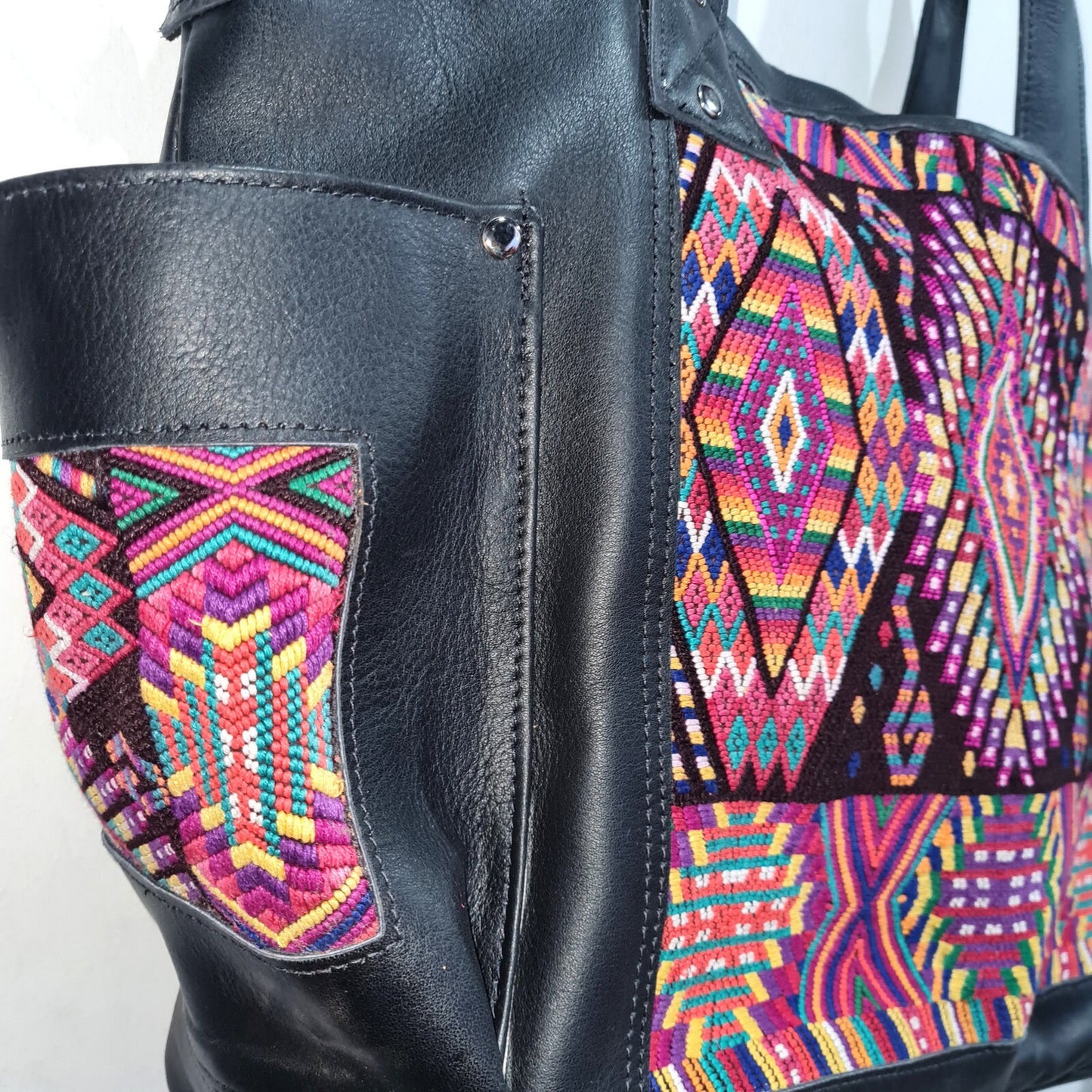 Custom Huipil Pattern Black Genuine LEATHER CONVERTIBLE BACKPACK Bag - Aesthetic Full Grain Leather Handles cross body And Handbags