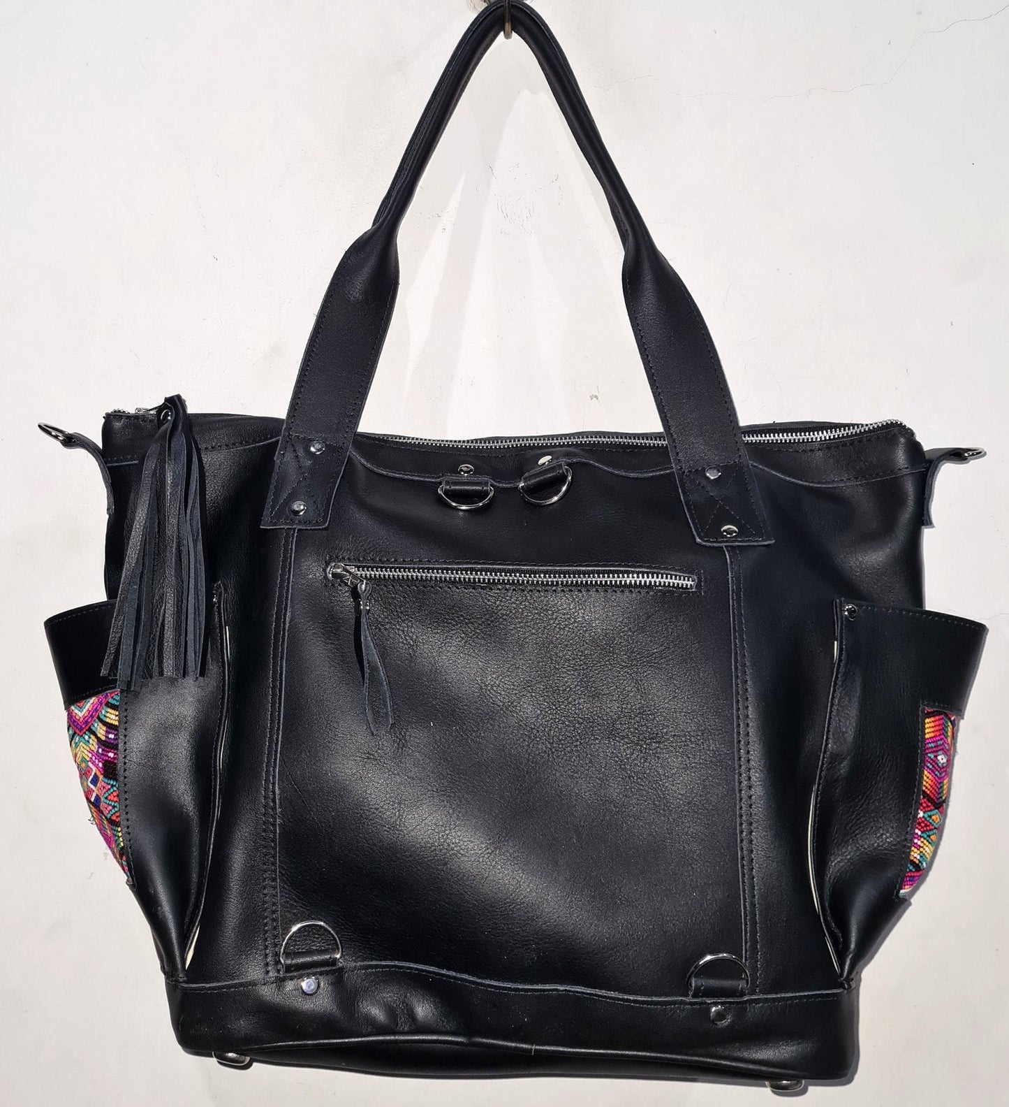 Custom Huipil Pattern Black Genuine LEATHER CONVERTIBLE BACKPACK Bag - Aesthetic Full Grain Leather Handles cross body And Handbags