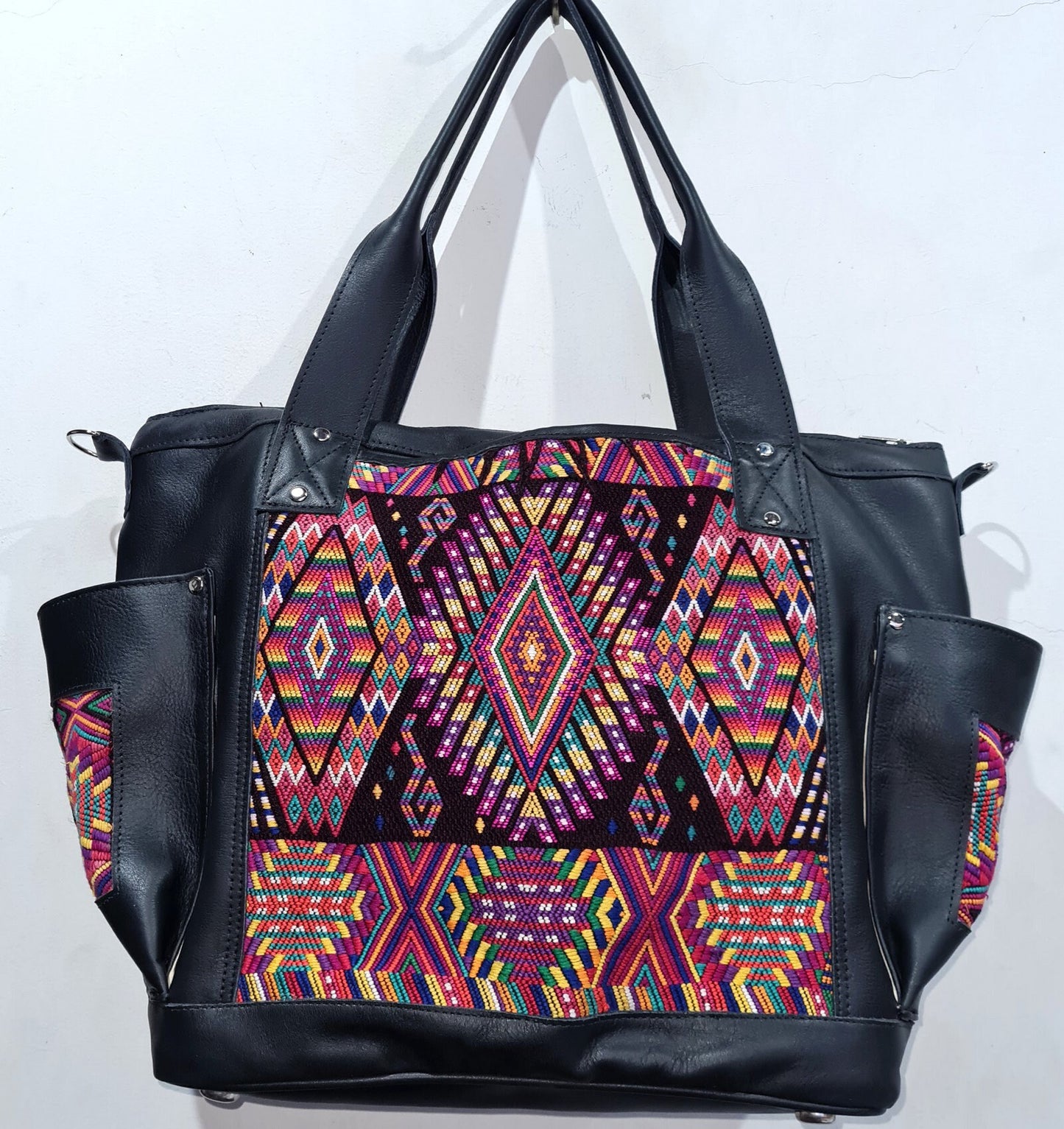 Custom Huipil Pattern Black Genuine LEATHER CONVERTIBLE BACKPACK Bag - Aesthetic Full Grain Leather Handles cross body And Handbags