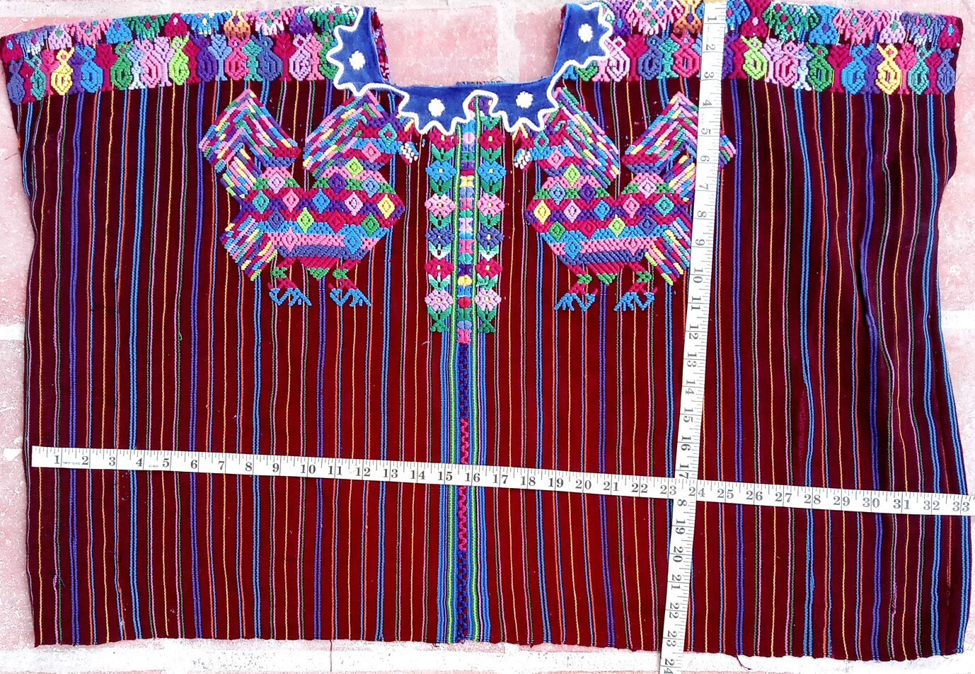 Vintage Guatemalan unique handmade weaved cotton Burgundy -Roosters and birds- huipil -Santo Domingo Xenacoj-