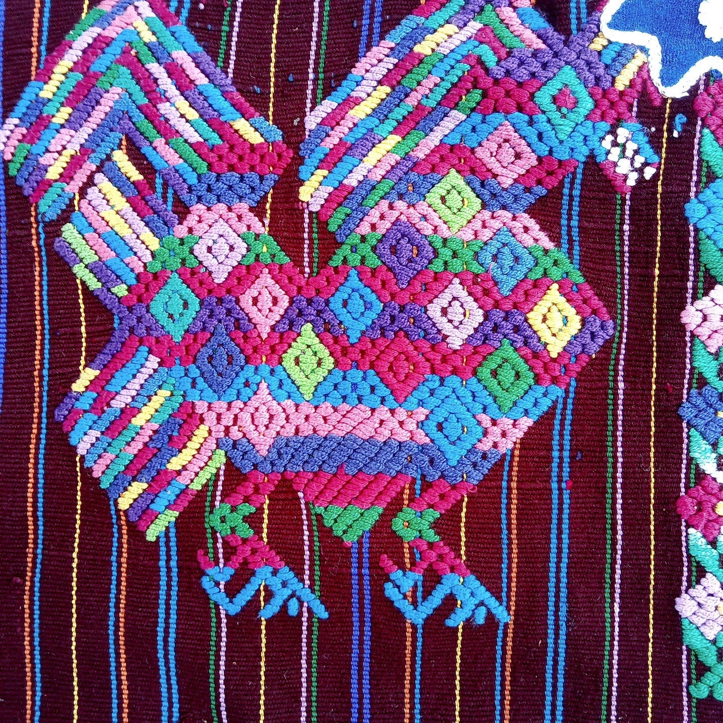 Vintage Guatemalan unique handmade weaved cotton Burgundy -Roosters and birds- huipil -Santo Domingo Xenacoj-