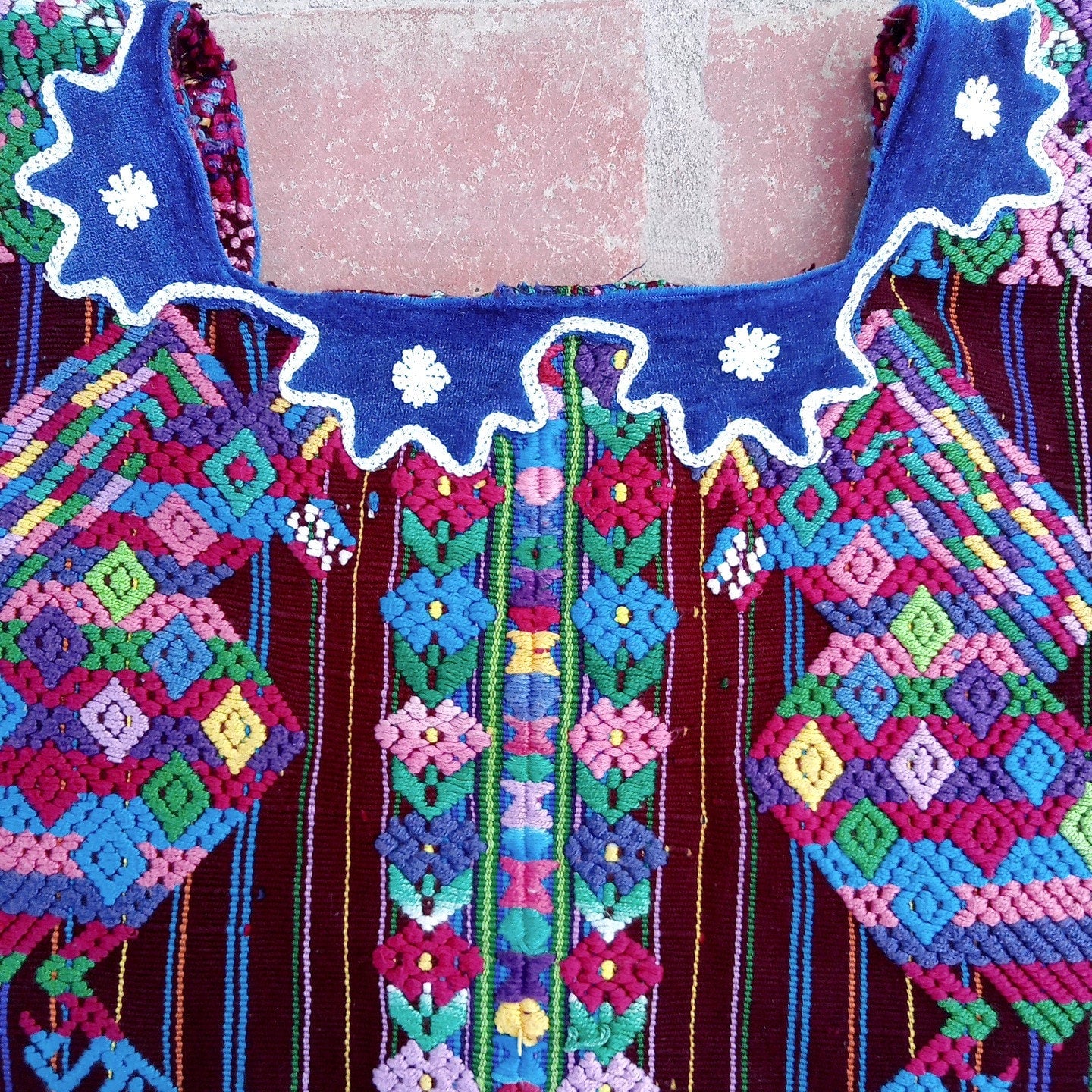 Vintage Guatemalan unique handmade weaved cotton Burgundy -Roosters and birds- huipil -Santo Domingo Xenacoj-