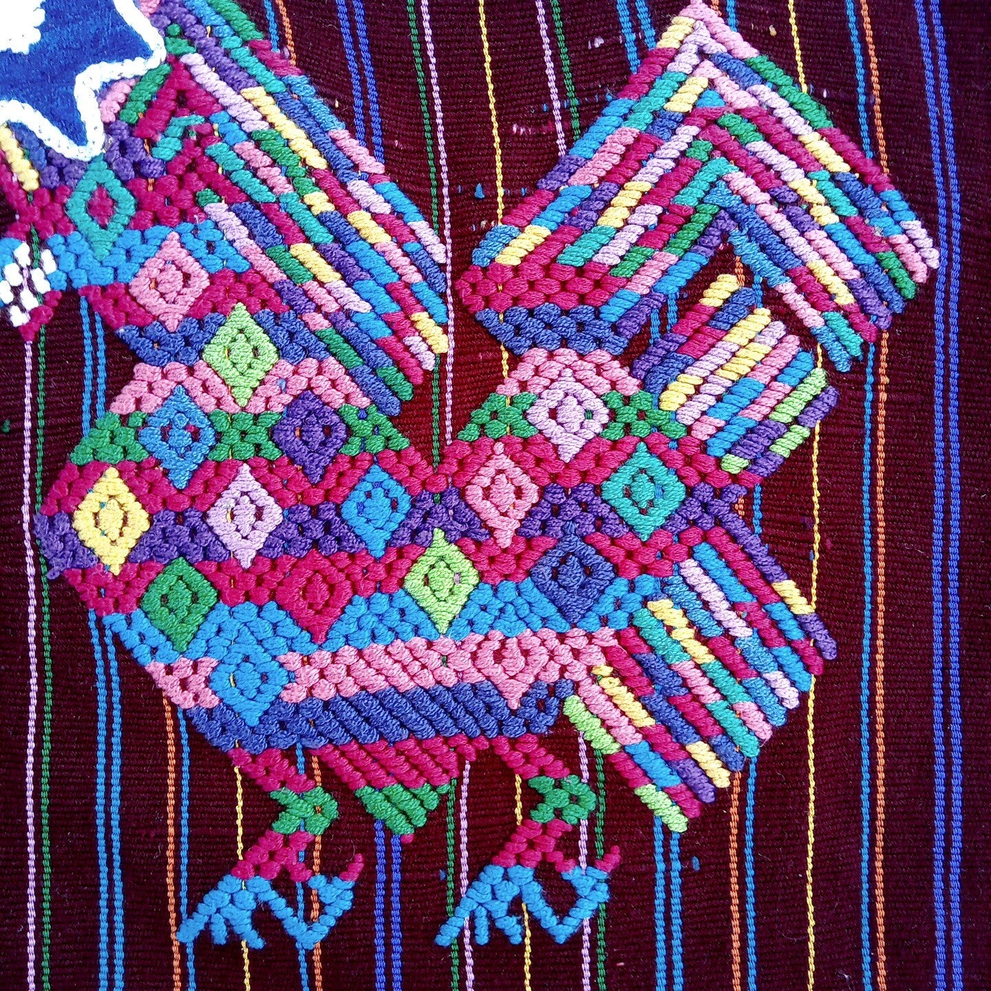 Vintage Guatemalan unique handmade weaved cotton Burgundy -Roosters and birds- huipil -Santo Domingo Xenacoj-
