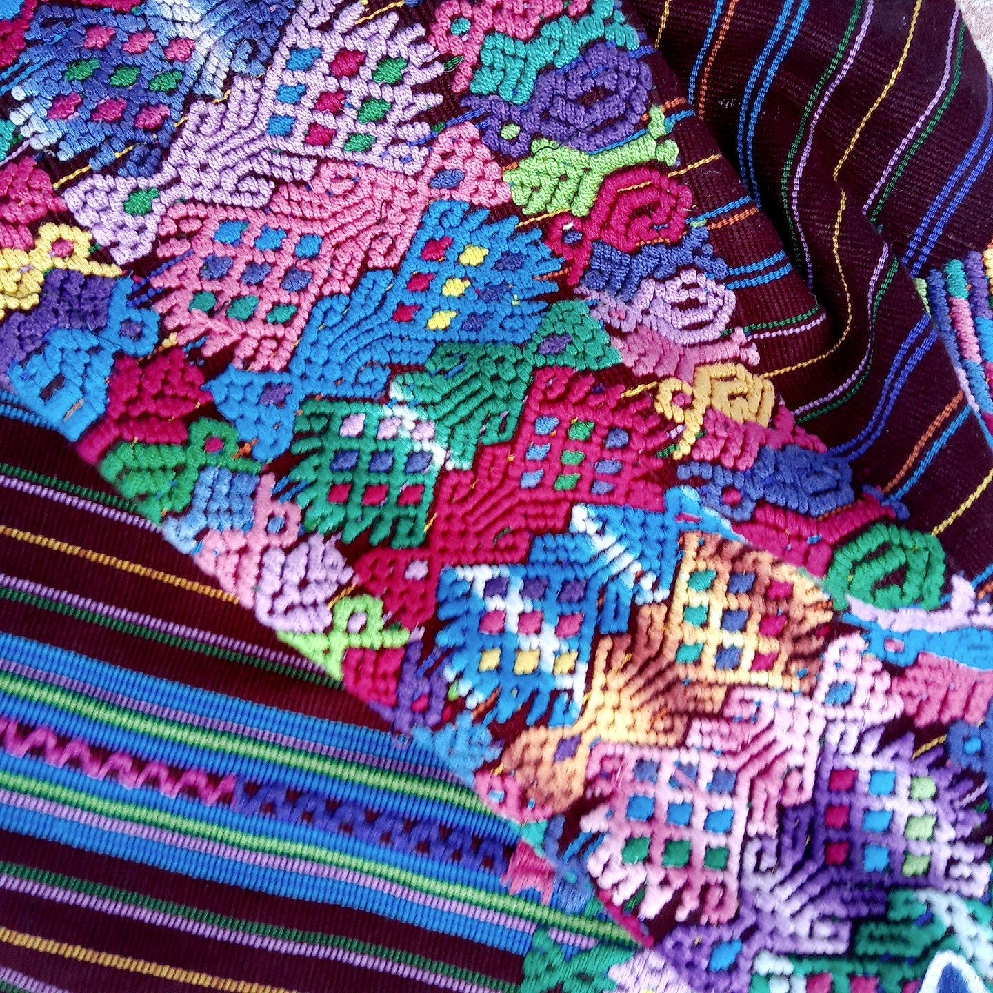 Vintage Guatemalan unique handmade weaved cotton Burgundy -Roosters and birds- huipil -Santo Domingo Xenacoj-
