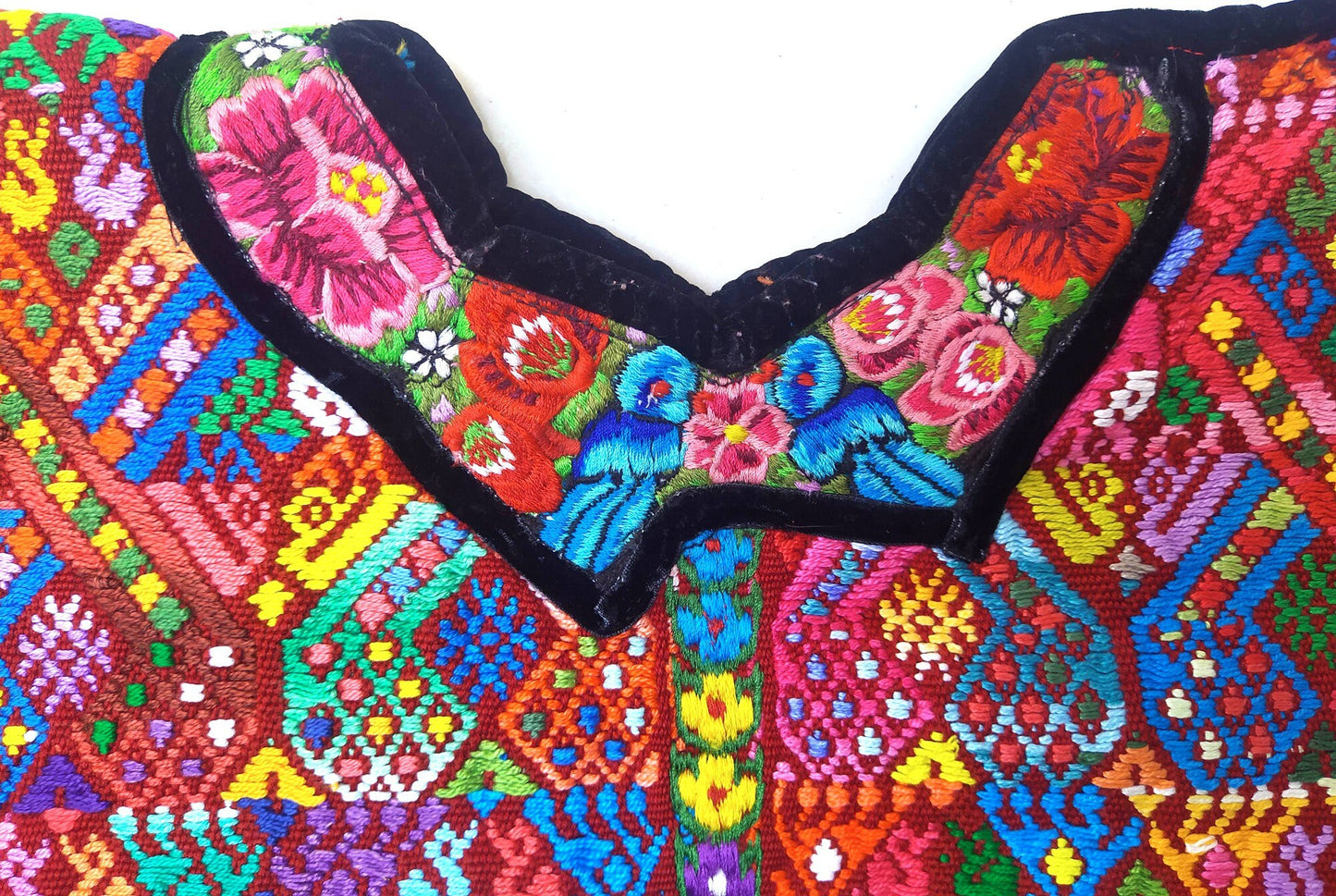 Vintage cotton unique Red handmade weaved Mayan huipil -Chile Verde Quetzaltenango-