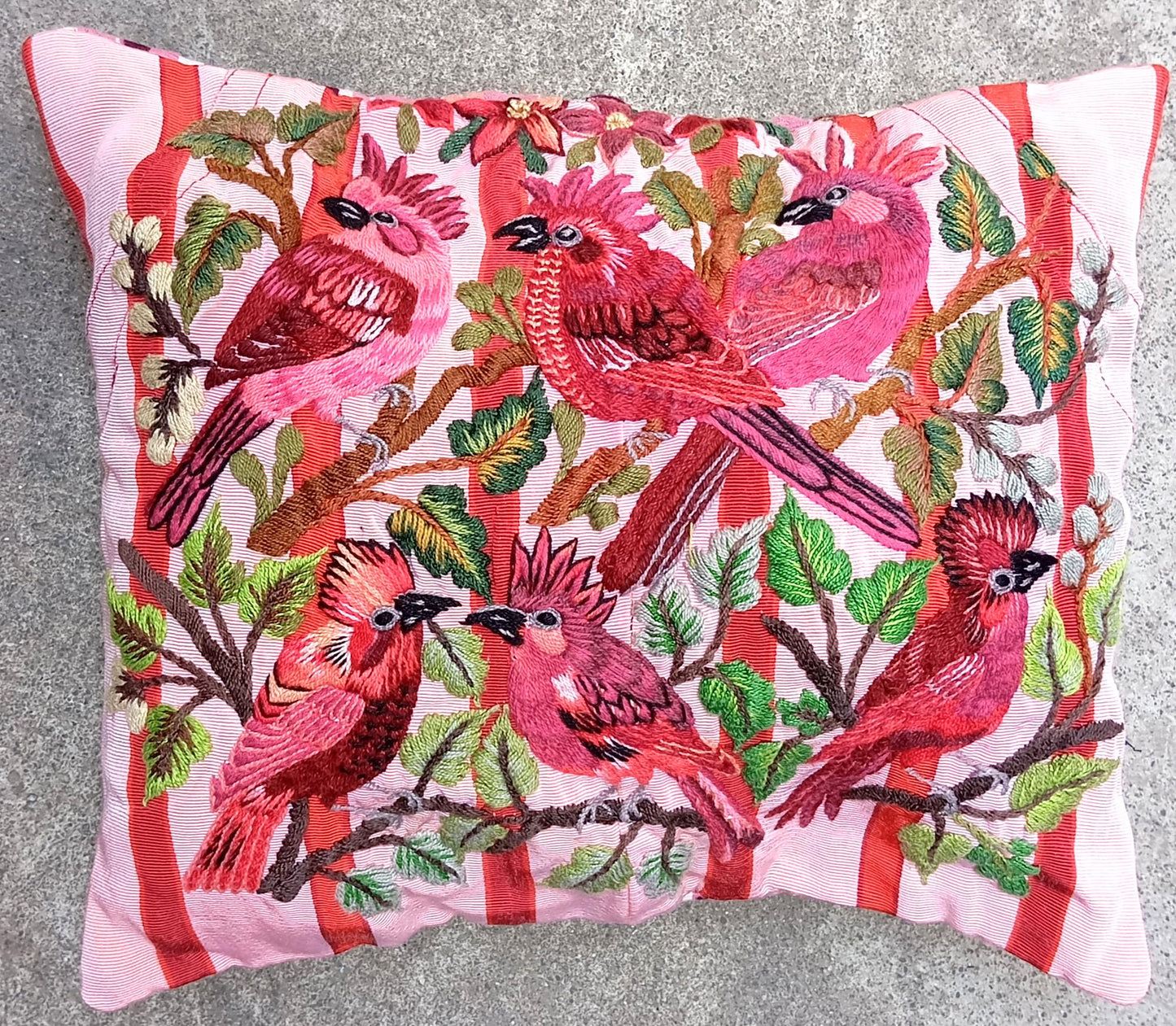 MINI Guatemala Hand Embroidery -6 CARDINAL BIRDS Pattern- Pillow Cushion 13 x 11 -Insert Included