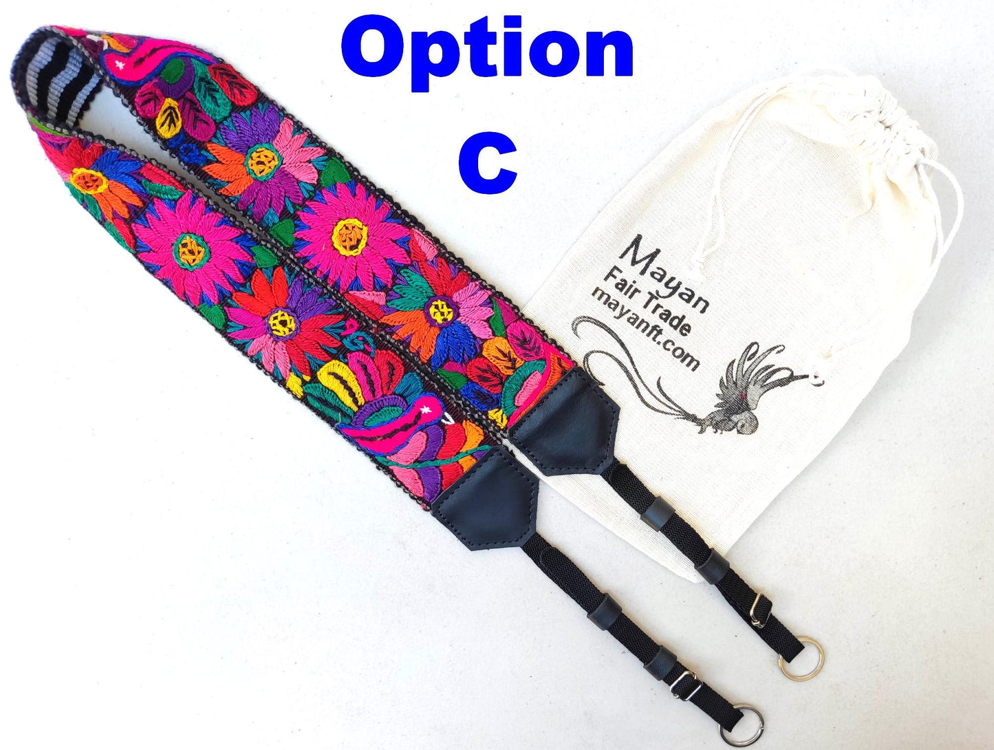 Guatemalan Handmade Adjustable Leather Embroidered Floral CAMERA STRAP