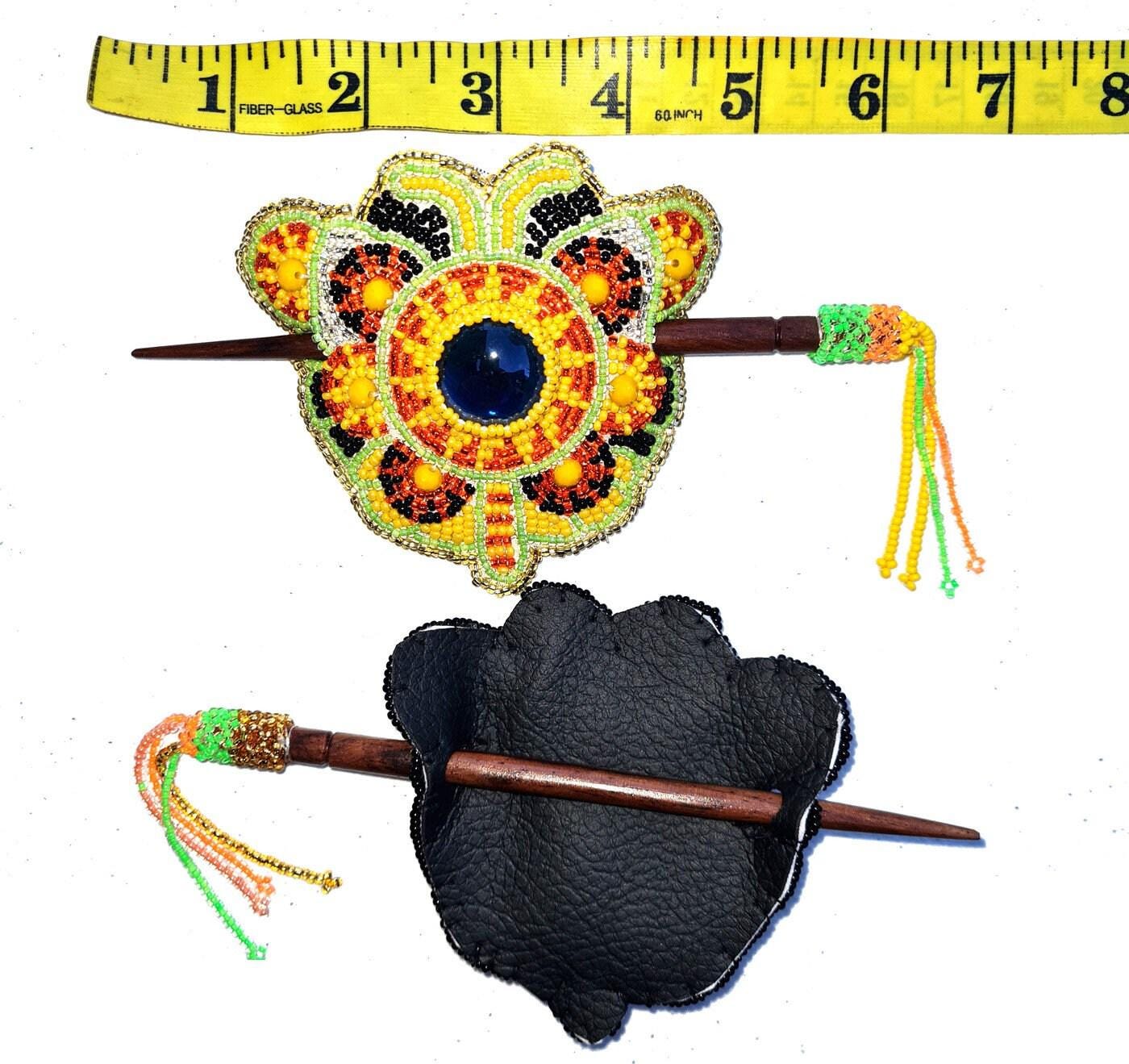 Czech Seed BEADS Hair Accessory CLIP BARRETTE Guatemala With Wooden Stick For Women - Aesthetic Leather Hair Stick Barret Clip