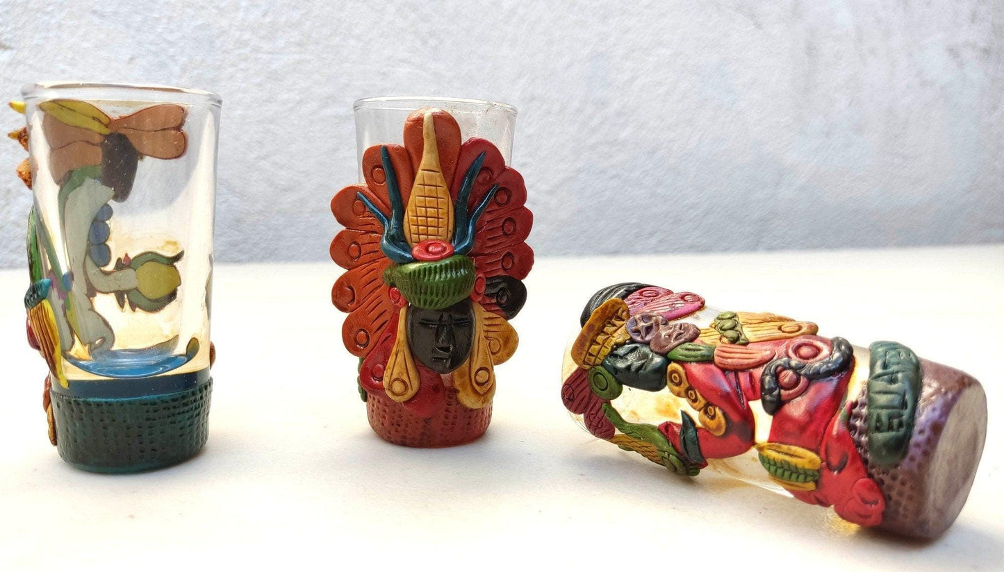 Mayan TEQUILA Shot Glass - Hand CARVED Glass shot -