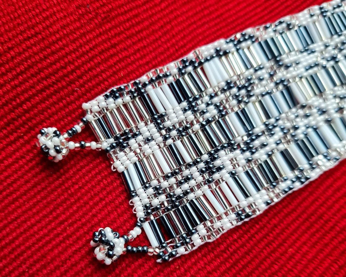 Wide Hand Beaded BRACELET -Gray and White- ATITLAN