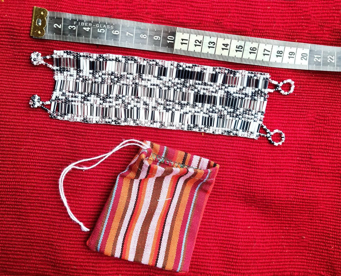 Wide Hand Beaded BRACELET -Gray and White- ATITLAN