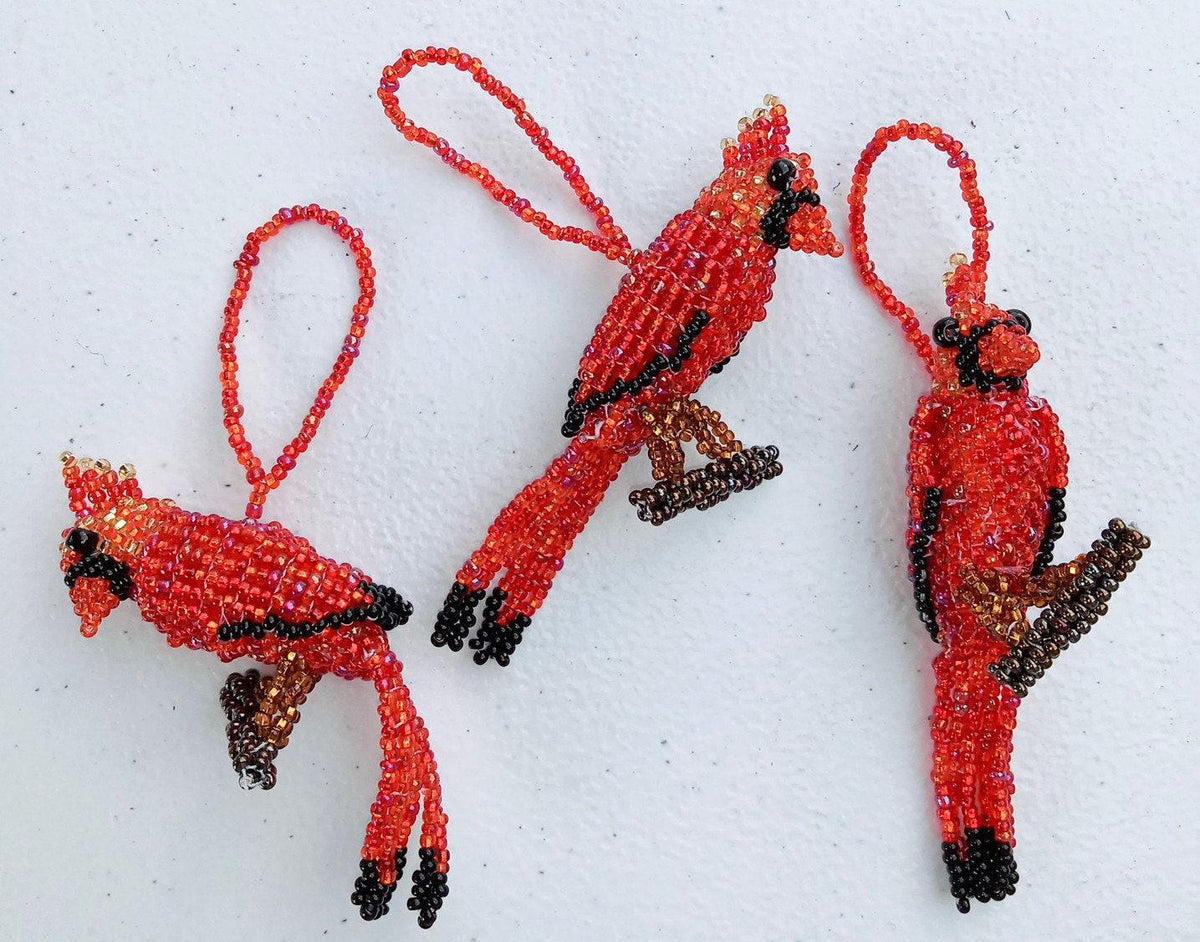 Cardinal Ornament, Beaded Cardinal, Mini Glass Ornaments,