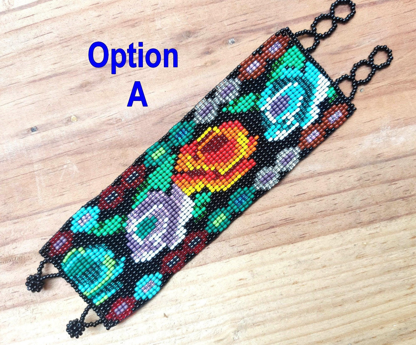 Wide Hand Beaded BRACELET -Floral and Geometric Pattern- ATITLAN