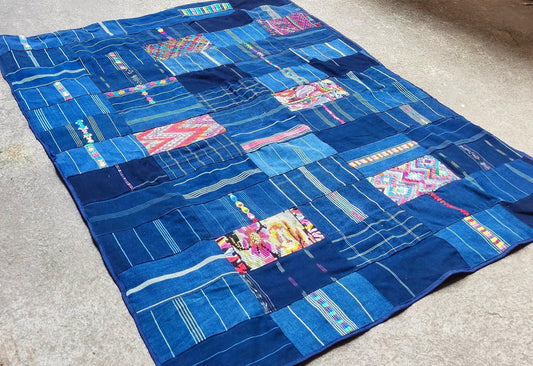 Guatemalan Indigo PATCHWORK QUILT Huipil throw -Wall hanging decor-