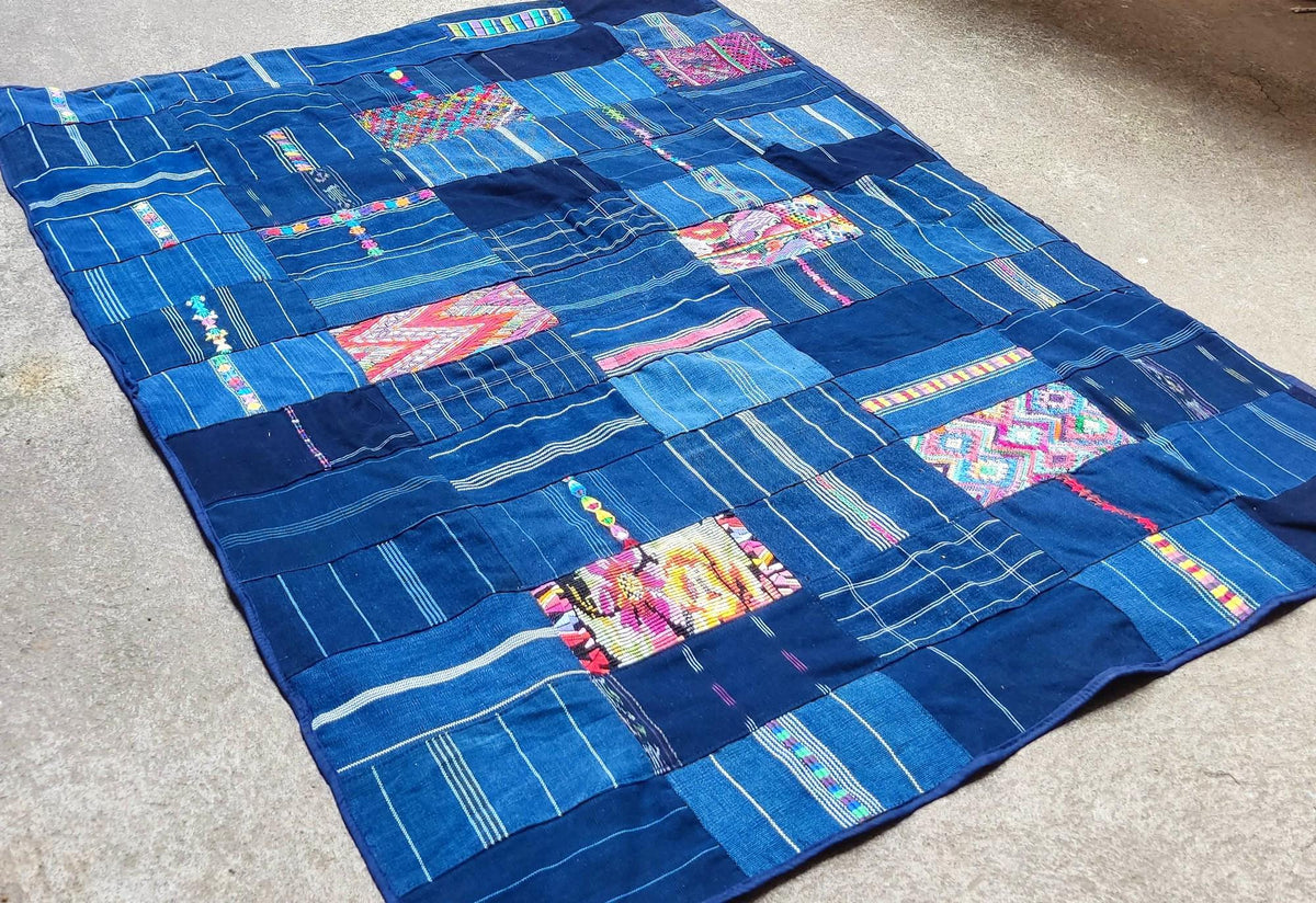Guatemalan Indigo PATCHWORK QUILT Huipil throw -Wall hanging decor-