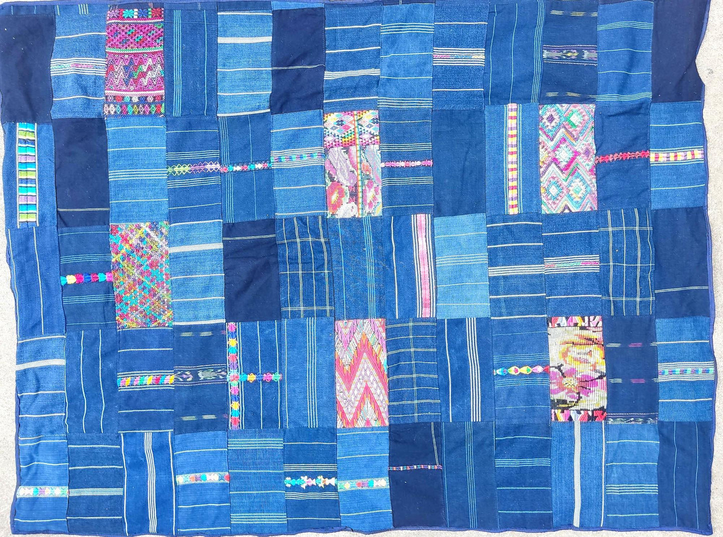 Guatemalan Indigo PATCHWORK QUILT Huipil throw -Wall hanging decor-
