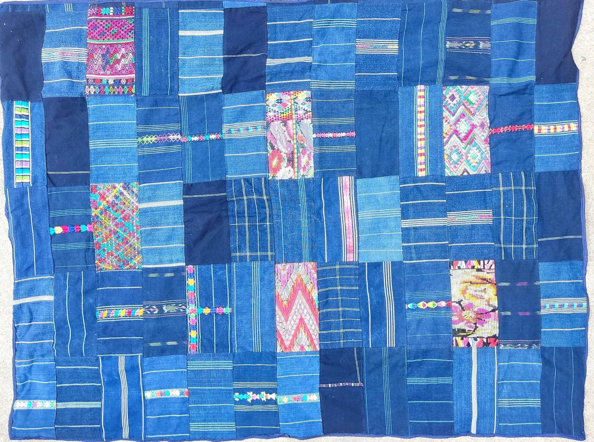 Guatemalan Indigo PATCHWORK QUILT Huipil throw -Wall hanging decor-