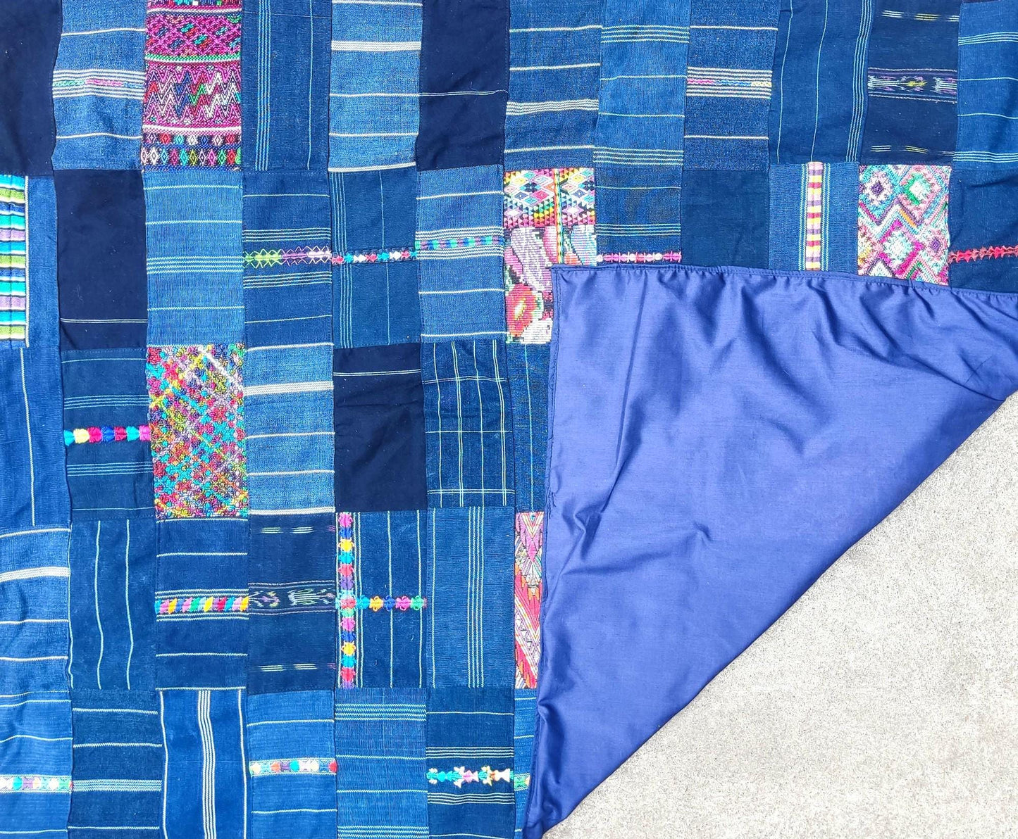 Guatemalan Indigo PATCHWORK QUILT Huipil throw -Wall hanging decor-