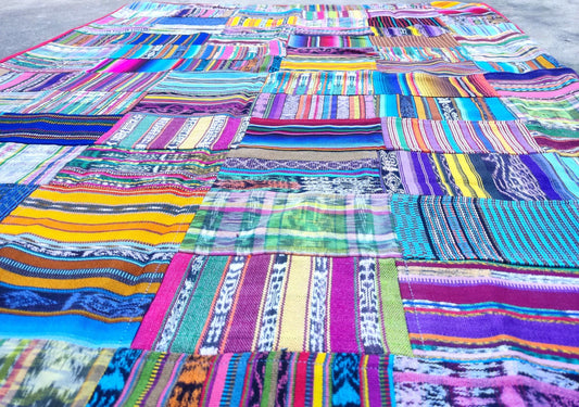 Multi Color Cotton Patchwork Quilt Guatemalan HUIPIL THROW BLANKET Perfect For The Beach Or As a Home Accent On Your Bed