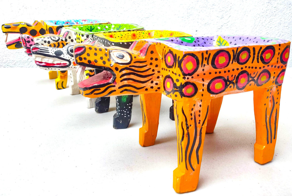 Guatemalan WOODEN HANDPAINTED Bowl Holder Planter Made in Nahuala