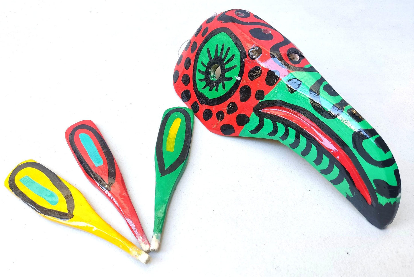 Guatemalan WOODEN HANDPAINTED MASK made in Nahuala -Mayan Paradise Bird patterned