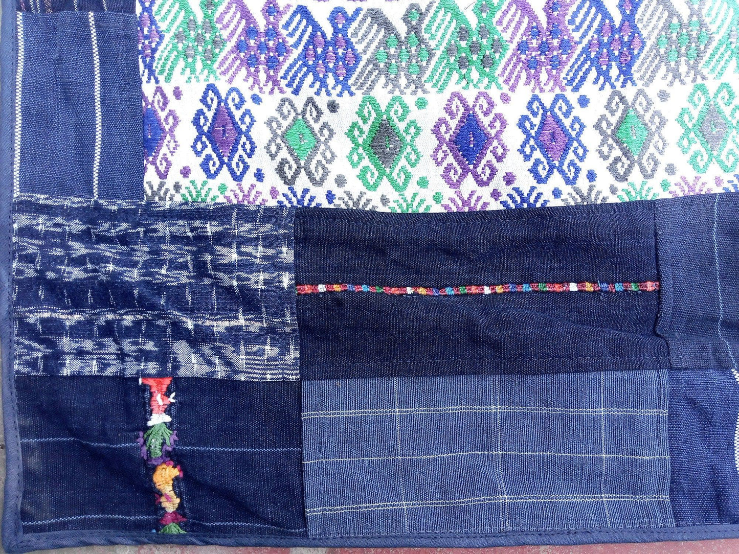 Guatemalan multicolor Patchwork Quilt -Blue birds embroidery- huipil throw