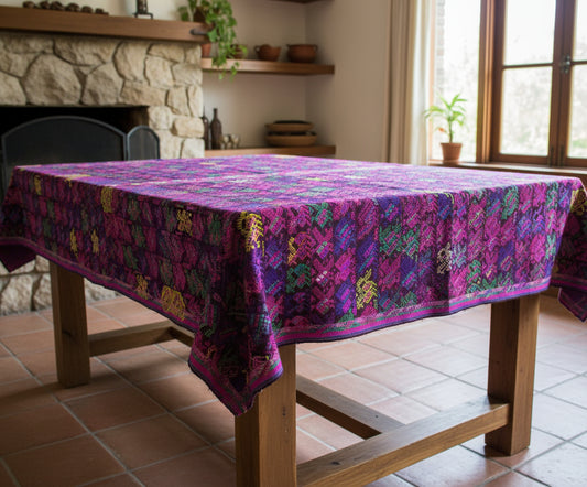 Guatemalan Purple Roosters and Horses sute - tablecloth - throw -Santo Domingo Xenacoj