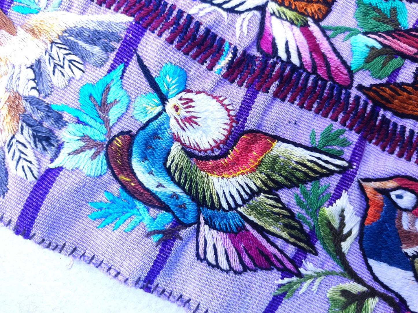 Handmade Purple EMBROIDERED Guatemalan Santiago Atitlan COTTON WALL "Mayan Bird Family" Tapestry