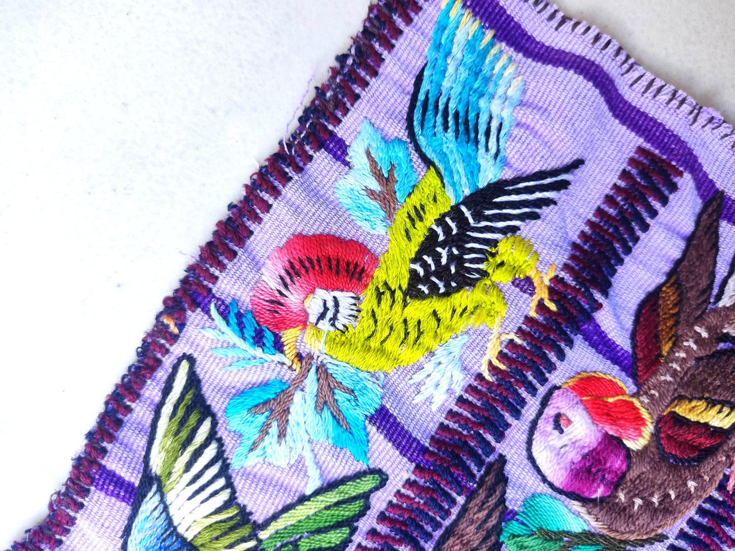 Handmade Purple EMBROIDERED Guatemalan Santiago Atitlan COTTON WALL "Mayan Bird Family" Tapestry