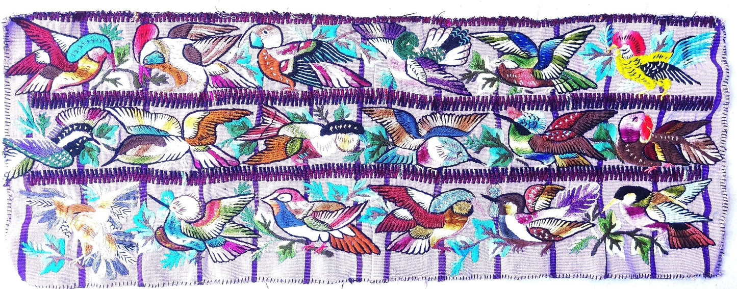 Handmade Purple EMBROIDERED Guatemalan Santiago Atitlan COTTON WALL "Mayan Bird Family" Tapestry