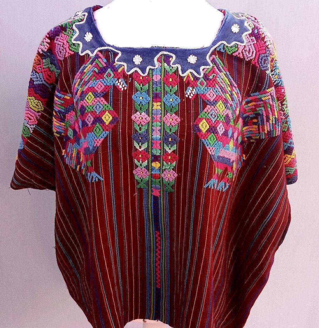 Vintage Guatemalan unique handmade weaved cotton Burgundy -Roosters and birds- huipil -Santo Domingo Xenacoj-