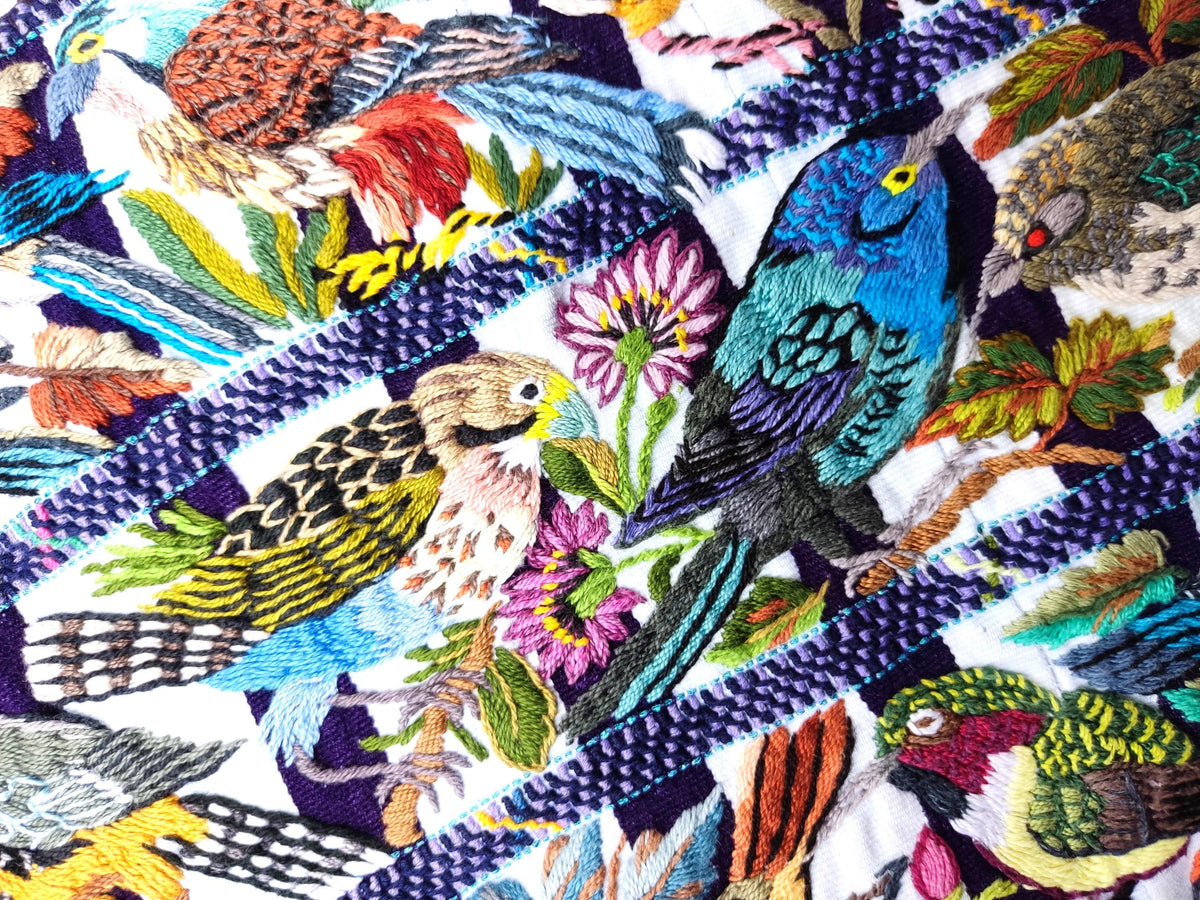 Handmade White EMBROIDERED Guatemalan Santiago Atitlan COTTON WALL "Mayan Bird Family" Tapestry