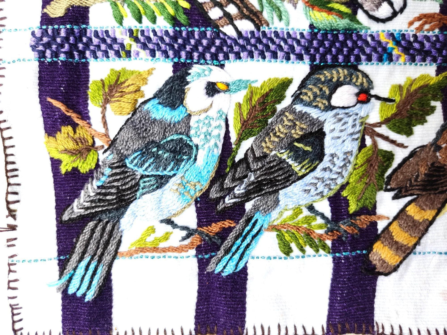 Handmade White EMBROIDERED Guatemalan Santiago Atitlan COTTON WALL "Mayan Bird Family" Tapestry