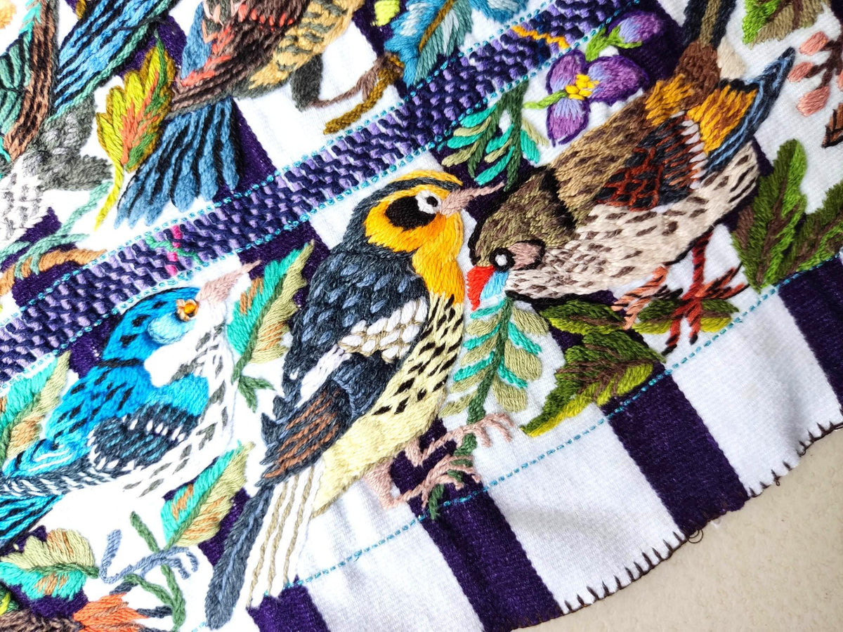 Handmade White EMBROIDERED Guatemalan Santiago Atitlan COTTON WALL "Mayan Bird Family" Tapestry