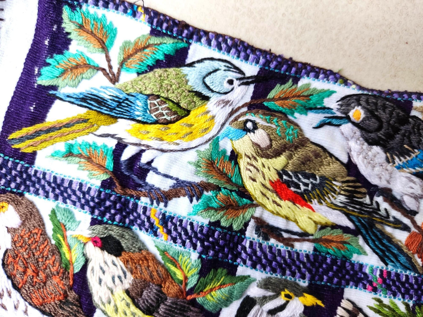 Handmade White EMBROIDERED Guatemalan Santiago Atitlan COTTON WALL "Mayan Bird Family" Tapestry