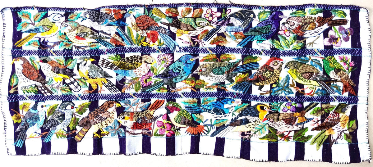 Handmade White EMBROIDERED Guatemalan Santiago Atitlan COTTON WALL "Mayan Bird Family" Tapestry