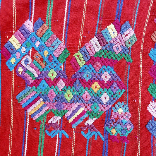 Vintage Guatemalan Unique Handmade Weaved Cotton RED Color -Mayan ROOSTERS Santo Domingo XENACOJ huipil-