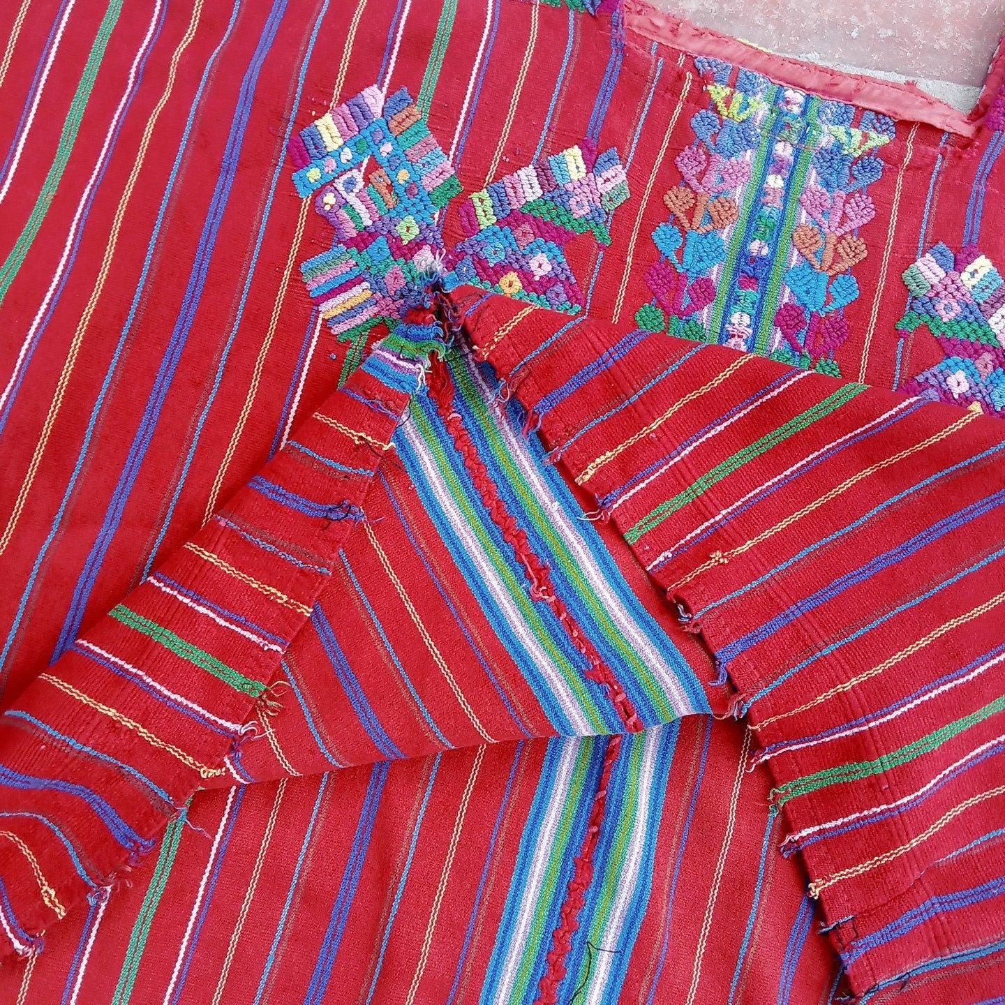 Vintage Guatemalan Unique Handmade Weaved Cotton RED Color -Mayan ROOSTERS Santo Domingo XENACOJ huipil-