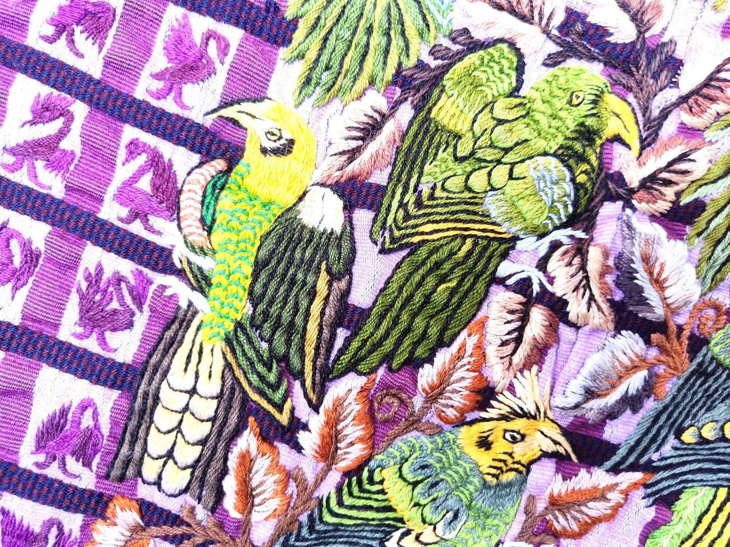 Vintage handmade embroidered Santiago ATITLAN huipil cotton wall decor tapestry -PARROT family-