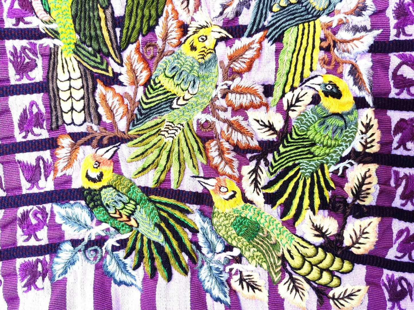 Vintage handmade embroidered Santiago ATITLAN huipil cotton wall decor tapestry -PARROT family-